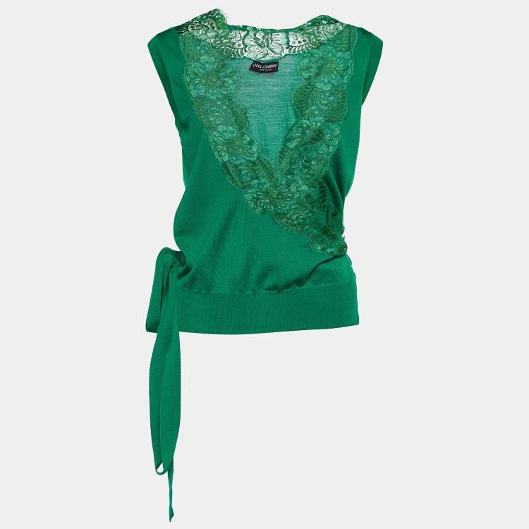 Pre Owned Dolce & Gabbana Green Knit & Lace Trimmed Sleeveless Wrap Cardigan M