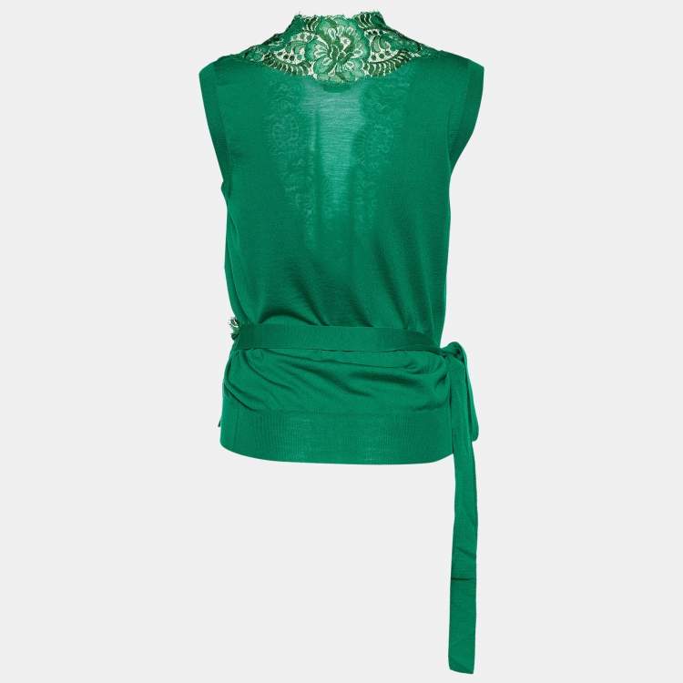 Pre Owned Dolce & Gabbana Green Knit & Lace Trimmed Sleeveless Wrap Cardigan M