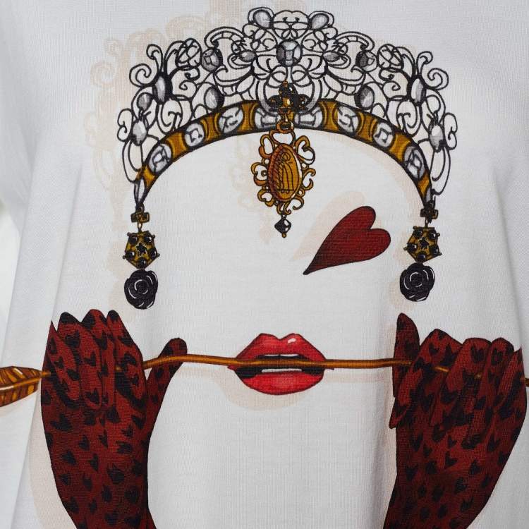 Pre Owned Dolce & Gabbana White Jersey Queen of Hearts Print T-Shirt L