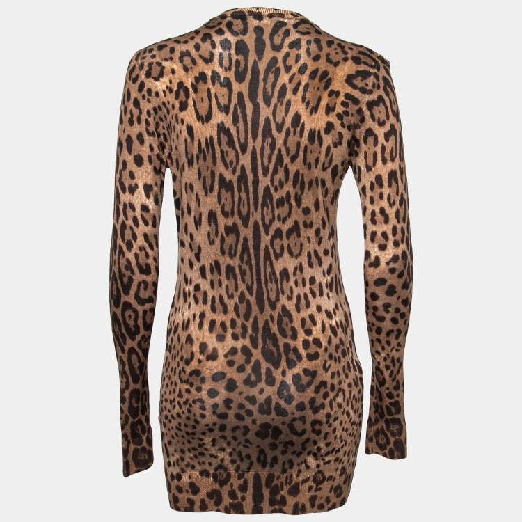 Pre Owned Dolce & Gabbana Brown Animal Printed Wool Button Front Long Cardigan S