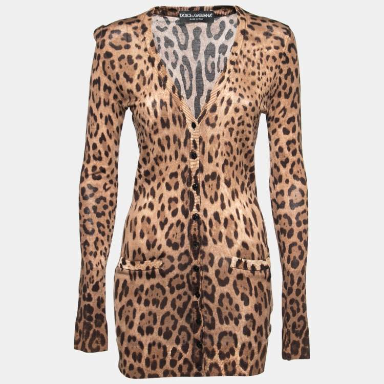 Pre Owned Dolce & Gabbana Brown Animal Printed Wool Button Front Long Cardigan S