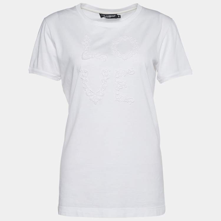 Pre Owned Dolce & Gabbana White Jersey Love Embroidered T-Shirt M