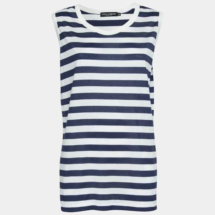 Pre Owned Dolce & Gabbana White & Blue Striped Cotton Tank Top M