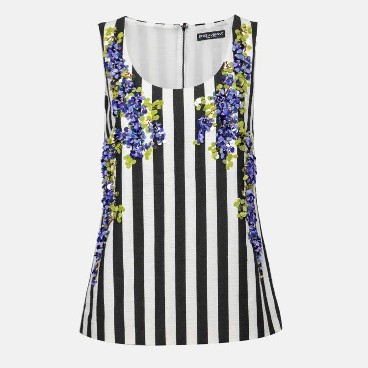 Pre Owned Dolce & Gabbana Monochrome Striped Paillette Embellished Sleeveless Top S