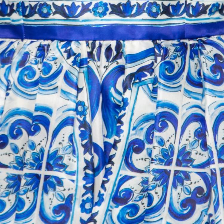 Pre Owned Dolce & Gabbana Blue Majolica Print Silk Organza Flared Dress XS