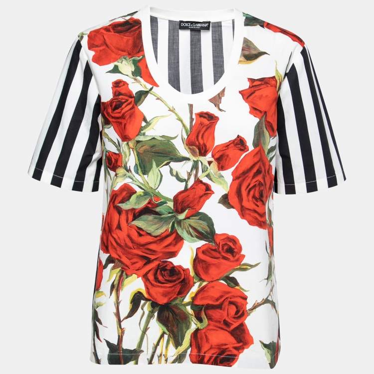 Pre Owned Dolce & Gabbana Monochrome Striped Rose Printed T-shirt S