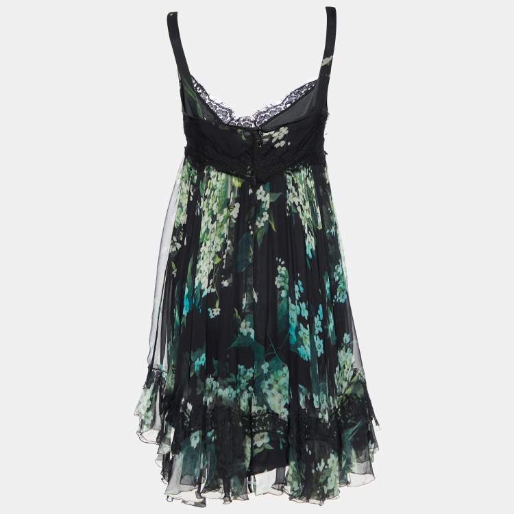 مملوكة مسبقًا Dolce & Gabbana Black/Green Floral Print Silk Blend Sleeveless Dress S
