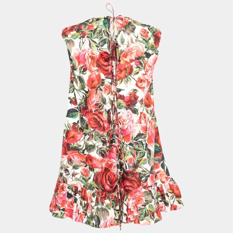 Pre Owned Dolce & Gabbana Multicolor Rose Print Cotton Tie-Up Dress M