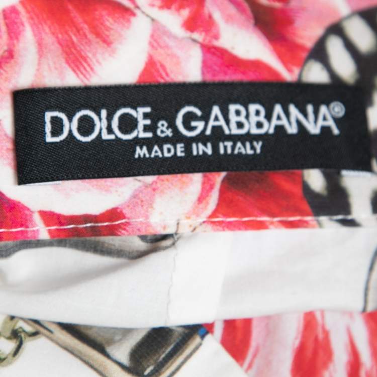 Pre Owned Dolce & Gabbana White Padlock & Floral Printed Cotton High Waisted Skirt S