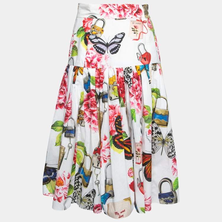 Pre Owned Dolce & Gabbana White Padlock & Floral Printed Cotton High Waisted Skirt S