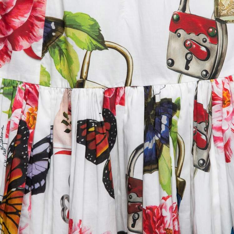 Pre Owned Dolce & Gabbana White Padlock & Floral Printed Cotton High Waisted Skirt S