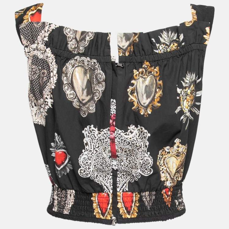 Pre Owned Dolce & Gabbana Black Sacred Heart Printed Cotton Sleeveless Crop Top S
