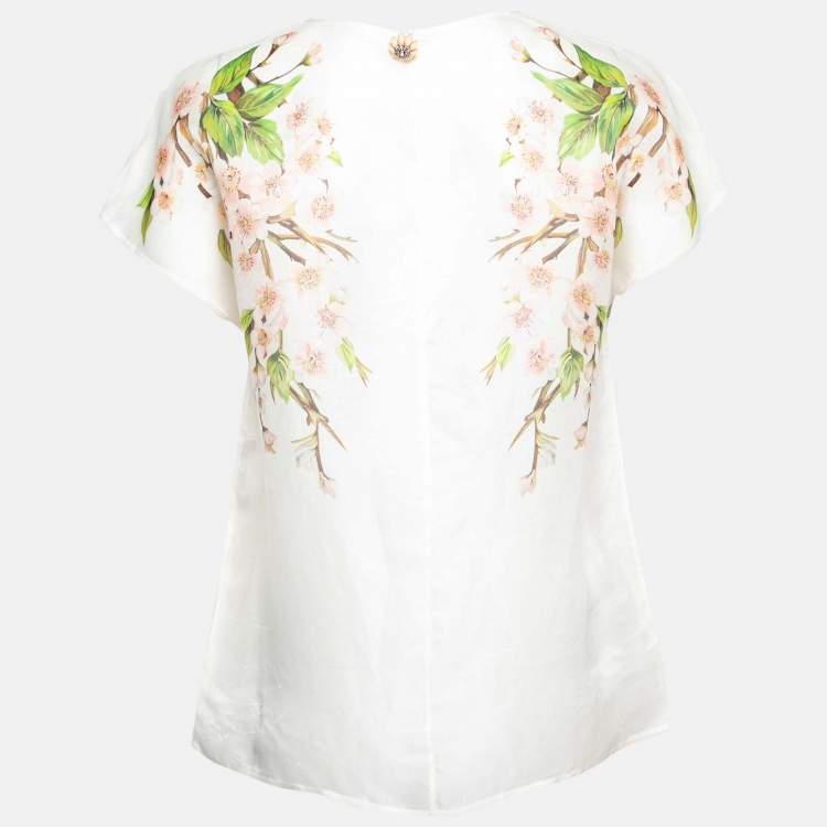 Pre Owned Dolce & Gabbana White Floral Printed Sheer Silk Top M
