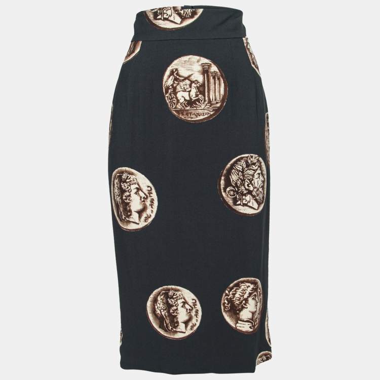 Pre Owned Dolce & Gabbana Black Coin Printed Crepe Pencil Skirt S