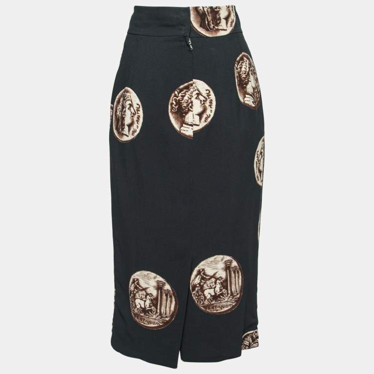 Pre Owned Dolce & Gabbana Black Coin Printed Crepe Pencil Skirt S