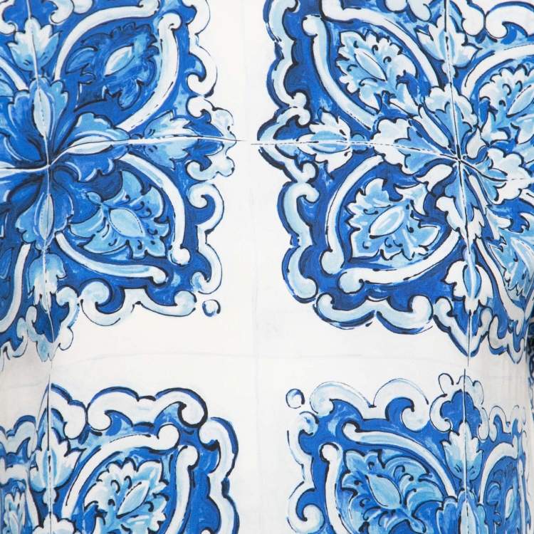 Pre Owned Dolce & Gabbana White/Blue Majolica Print Top S