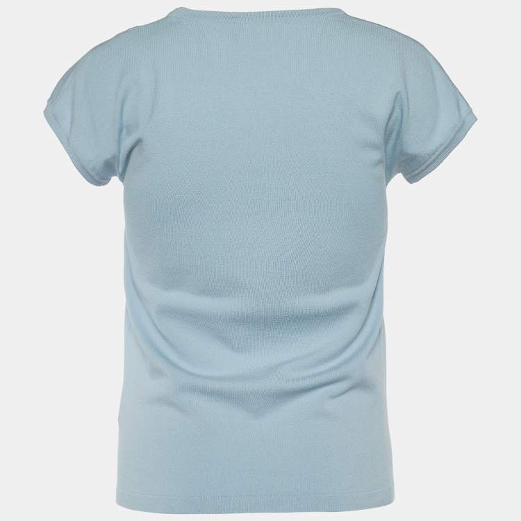 Pre Owned Dolce & Gabbana Powder Blue Knit Logo Embellished Top M