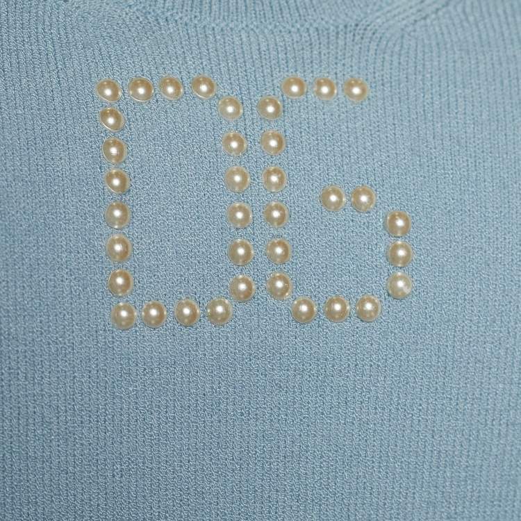 Pre Owned Dolce & Gabbana Powder Blue Knit Logo Embellished Top M