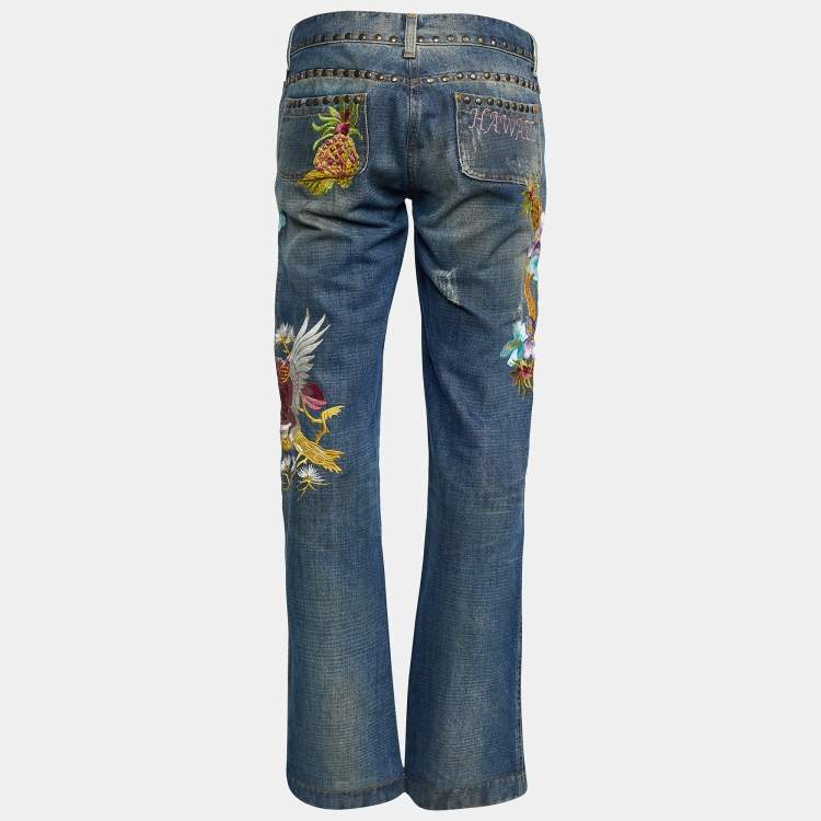 Pre Owned Dolce & Gabbana Blue Denim Embroidered Straight Fit Jeans M/Waist - 33.5"