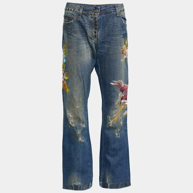 Pre Owned Dolce & Gabbana Blue Denim Embroidered Straight Fit Jeans M/Waist - 33.5"