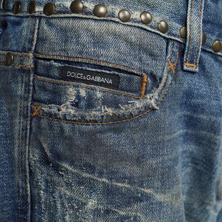 Pre Owned Dolce & Gabbana Blue Denim Embroidered Straight Fit Jeans M/Waist - 33.5"