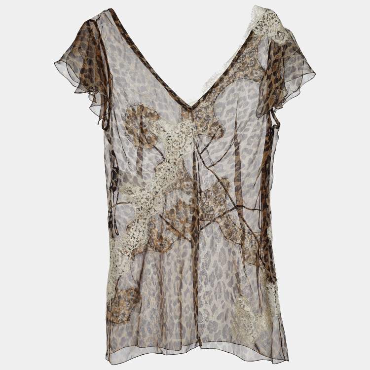 Pre Owned Dolce & Gabbana Brown Animal Print Silk Lace Trim Sheer Top L