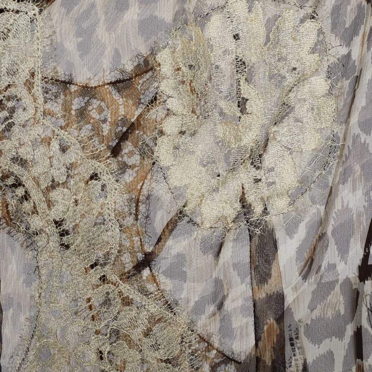 Pre Owned Dolce & Gabbana Brown Animal Print Silk Lace Trim Sheer Top L