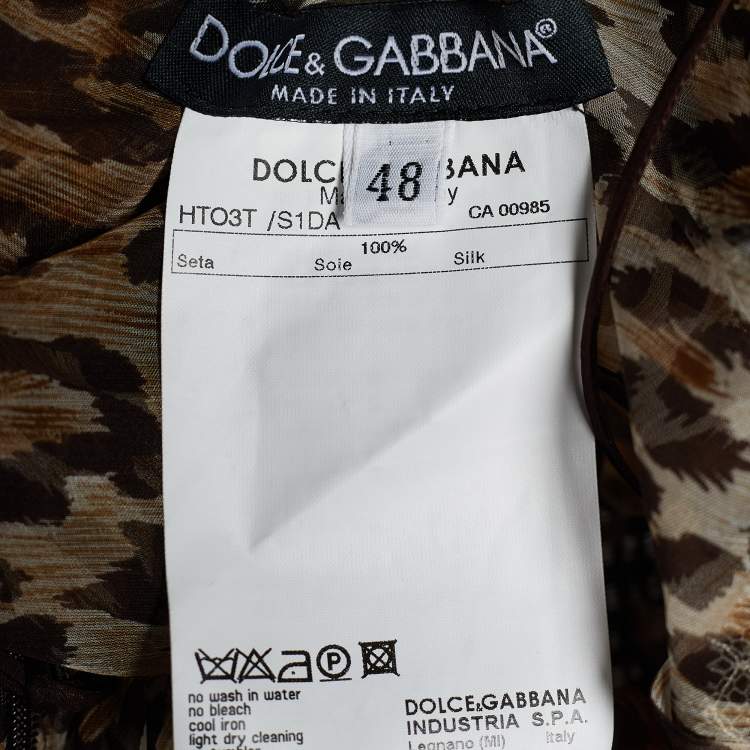 Pre Owned Dolce & Gabbana Brown Animal Print Silk Lace Trim Sheer Top L