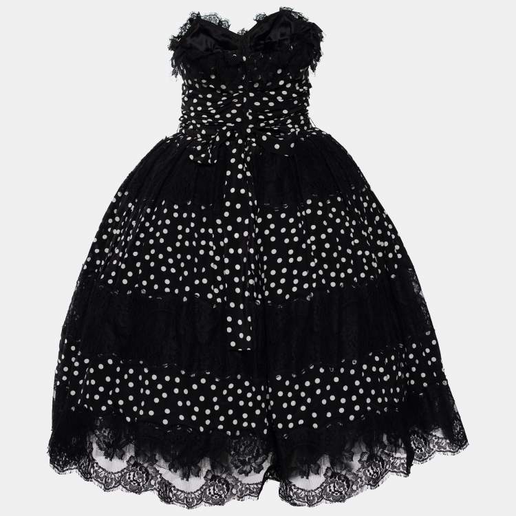 Pre Owned Dolce & Gabbana Black/White Polka Dot Silk Paneled Strapless Dress M