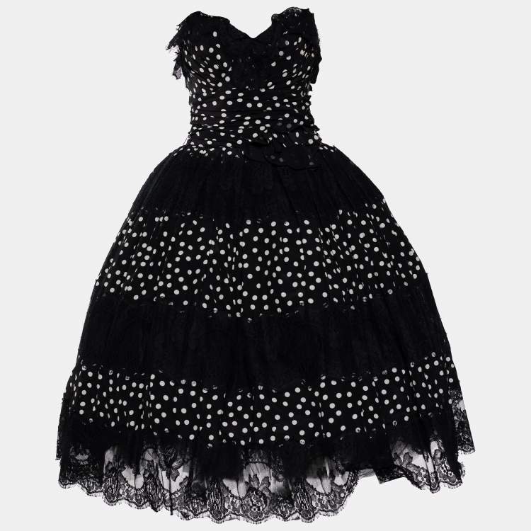 Pre Owned Dolce & Gabbana Black/White Polka Dot Silk Paneled Strapless Dress M