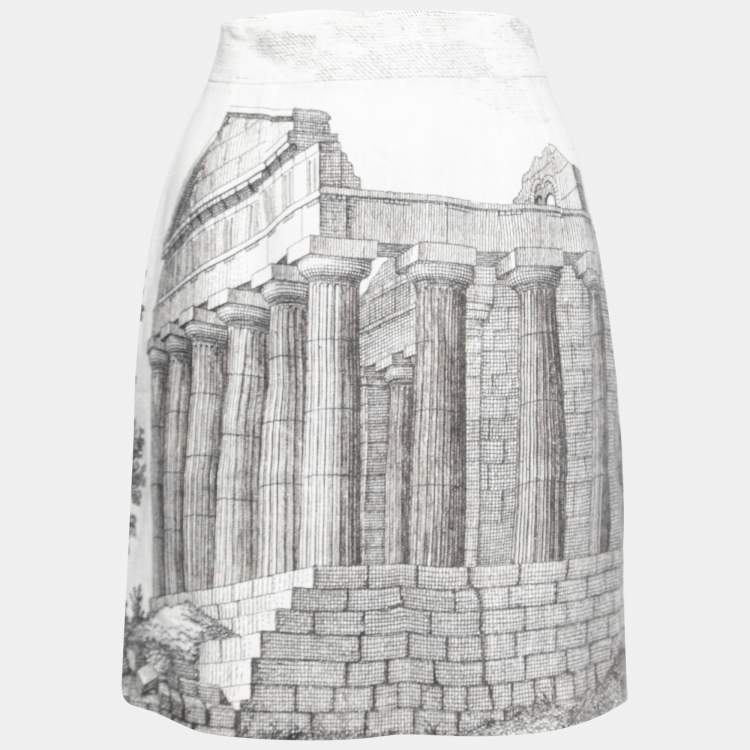 Pre Owned Dolce & Gabbana Monochrome Ancient Rome Printed Linen Skirt M