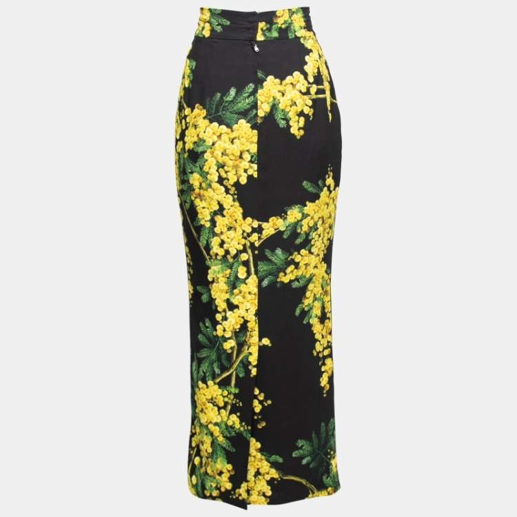 Dolce & Gabbana Black & Yellow Floral Acacia Print Crepe Midi