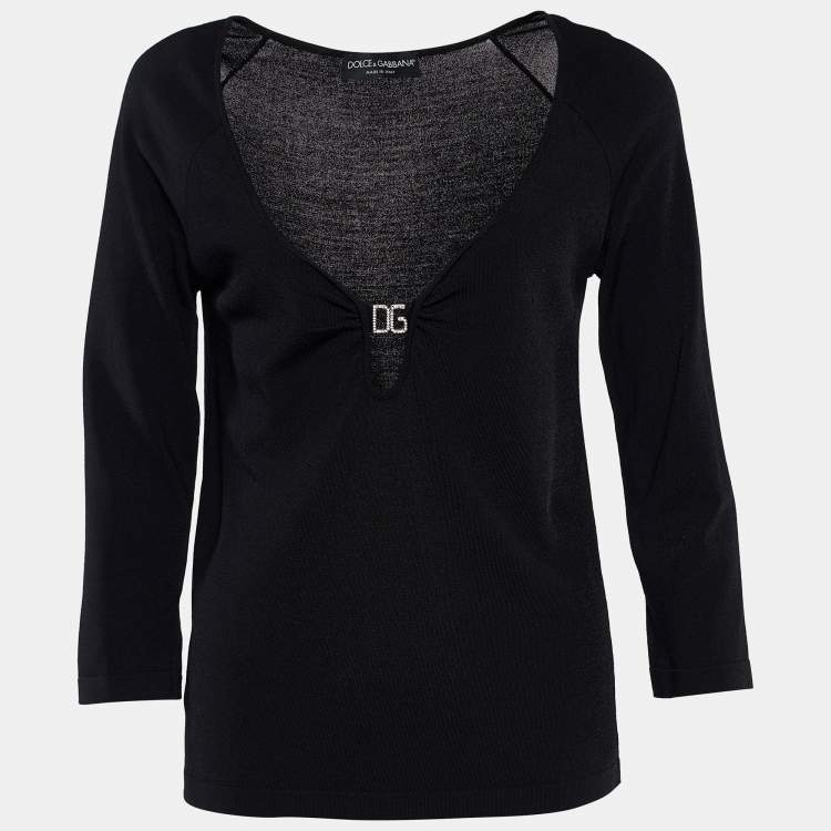 Pre Owned Dolce & Gabbana Black Knit Logo Detail Long Sleeve Top M