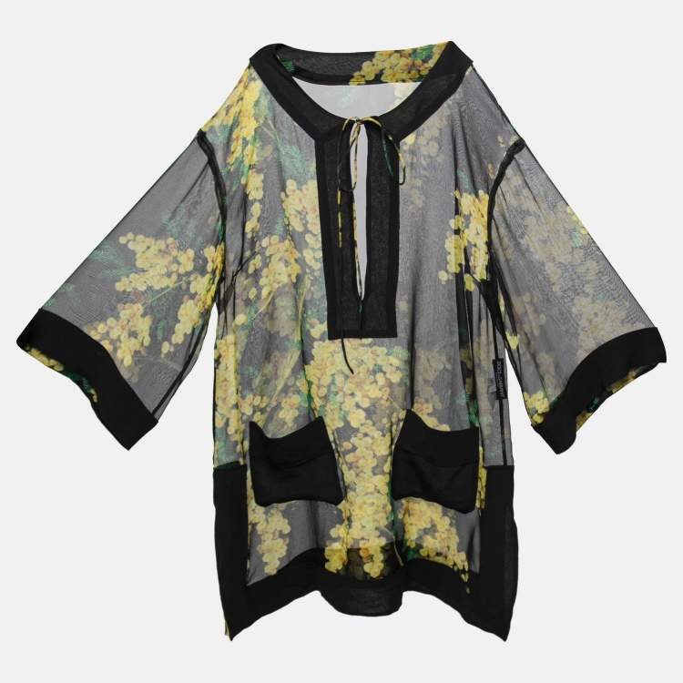 مملوكة مسبقًا Dolce & Gabbana Black & Yellow Floral Acacia Print Sheer Silk Tunic S