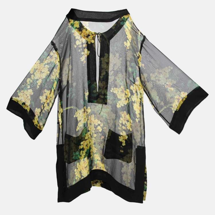 مملوكة مسبقًا Dolce & Gabbana Black & Yellow Floral Acacia Print Sheer Silk Tunic S