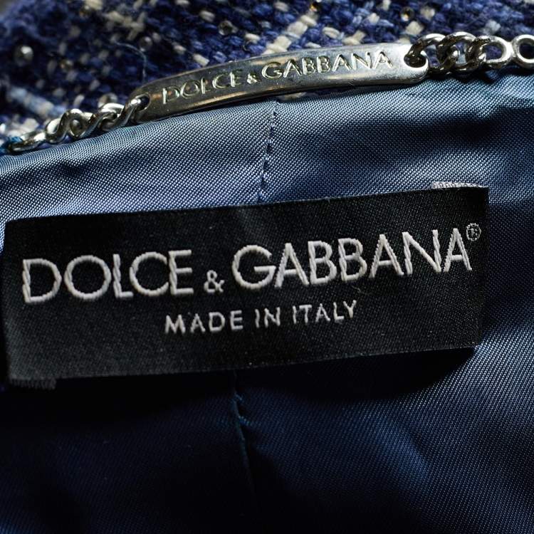 Pre Owned Dolce & Gabbana Blue/White Tweed Embellished Button Front Blazer M