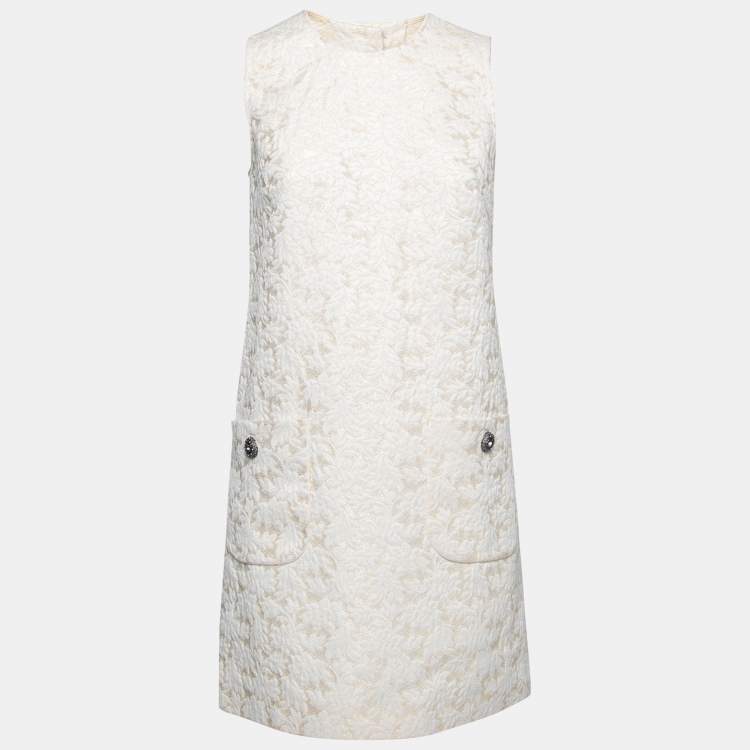 Pre Owned Dolce & Gabbana Cream Floral Embossed Jacquard Sleeveless Dress M