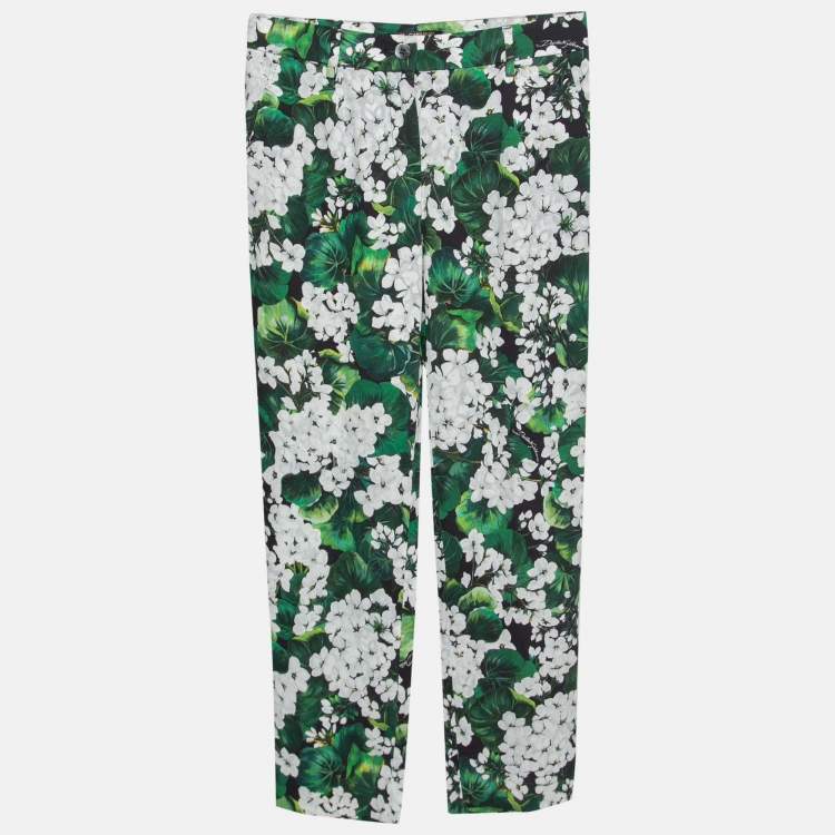 Pre Owned Dolce & Gabbana Green Floral Printed Crepe Trousers S