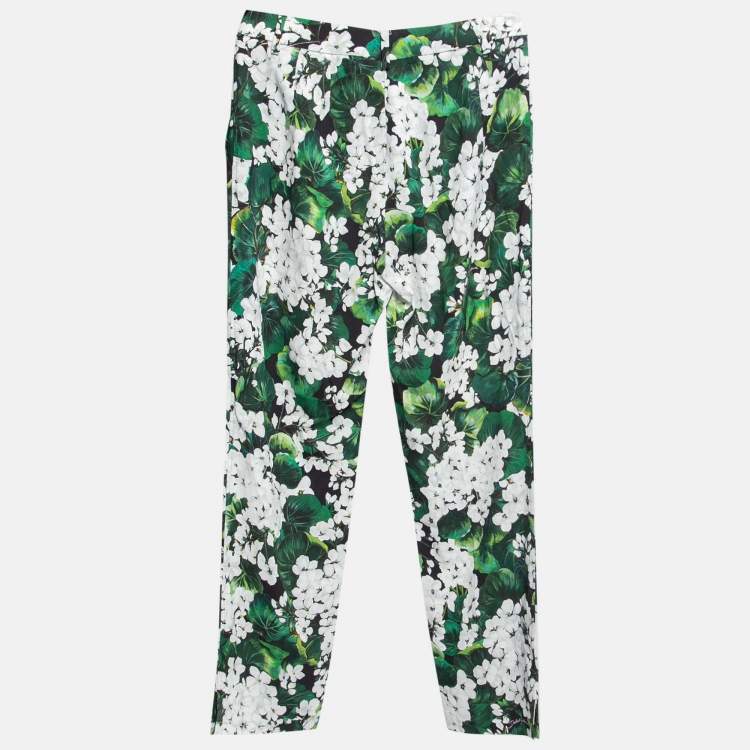 Pre Owned Dolce & Gabbana Green Floral Printed Crepe Trousers S