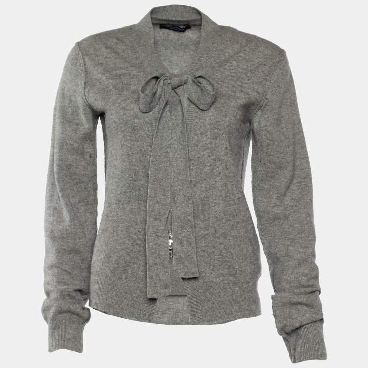 Pre Owned Dolce & Gabbana Grey Knit Tie Crystal Embellished Cardigan M