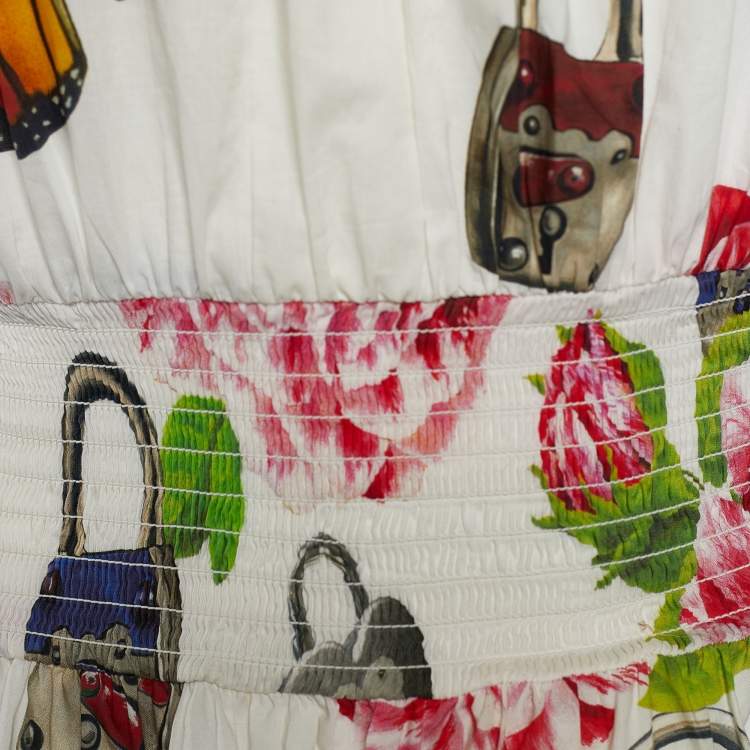 Pre Owned Dolce & Gabbana White Padlock & Garden Print Cotton Ruched Midi Dress XS