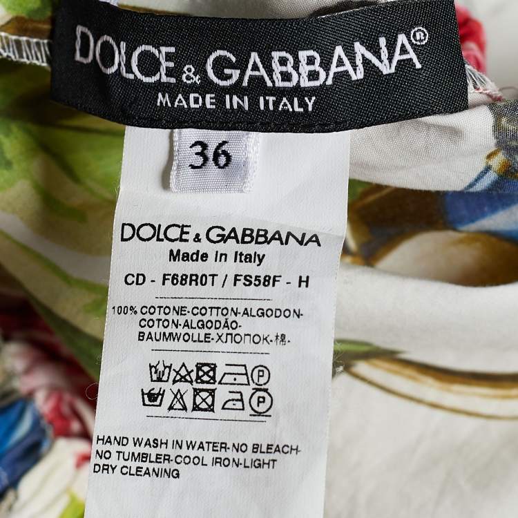 Pre Owned Dolce & Gabbana White Padlock & Garden Print Cotton Ruched Midi Dress XS
