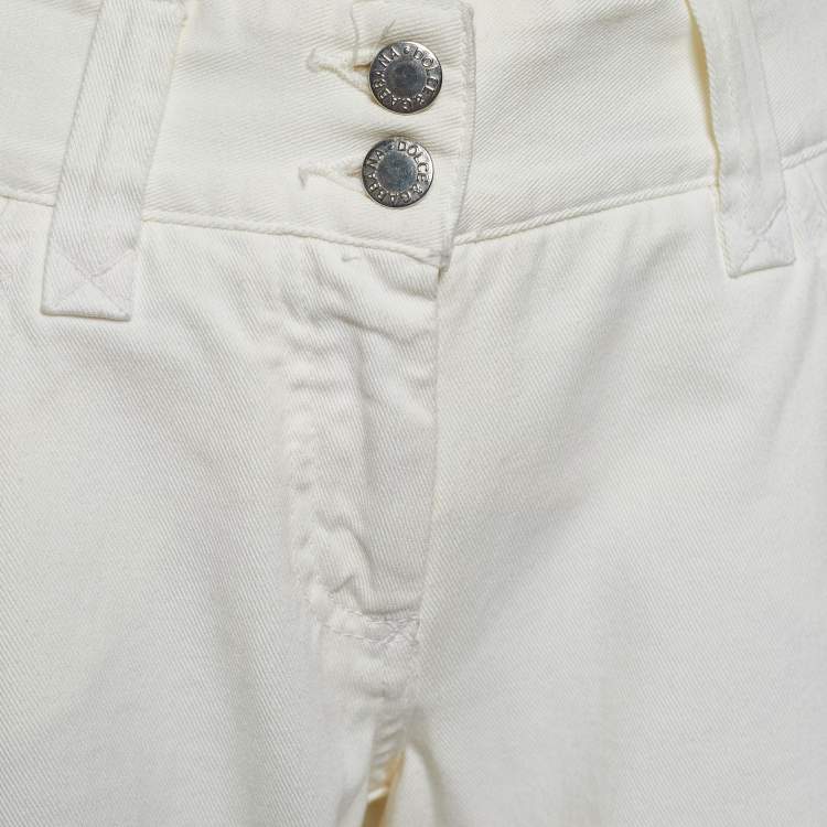 Pre Owned Dolce & Gabbana Cream Denim Pocket Embellished Boot Cut Jeans L/Waist 32"