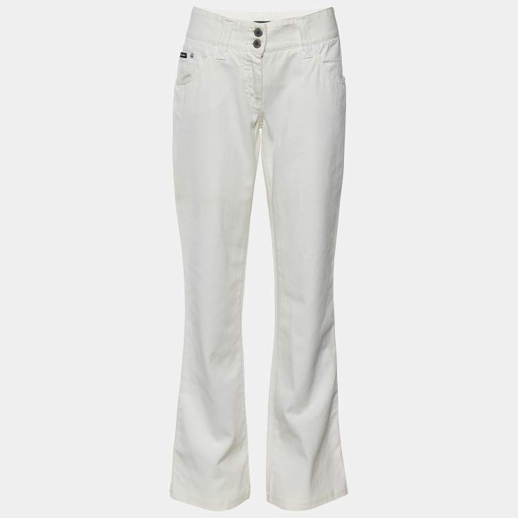 Pre Owned Dolce & Gabbana Cream Denim Pocket Embellished Boot Cut Jeans L/Waist 32"