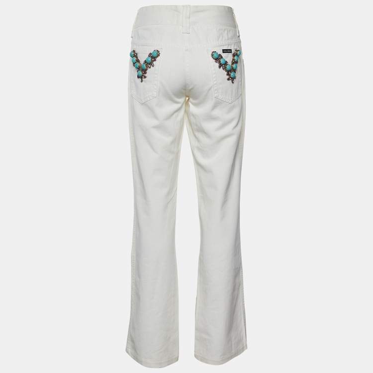 Pre Owned Dolce & Gabbana Cream Denim Pocket Embellished Boot Cut Jeans L/Waist 32"