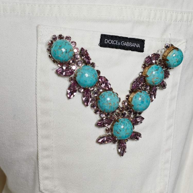 Pre Owned Dolce & Gabbana Cream Denim Pocket Embellished Boot Cut Jeans L/Waist 32"