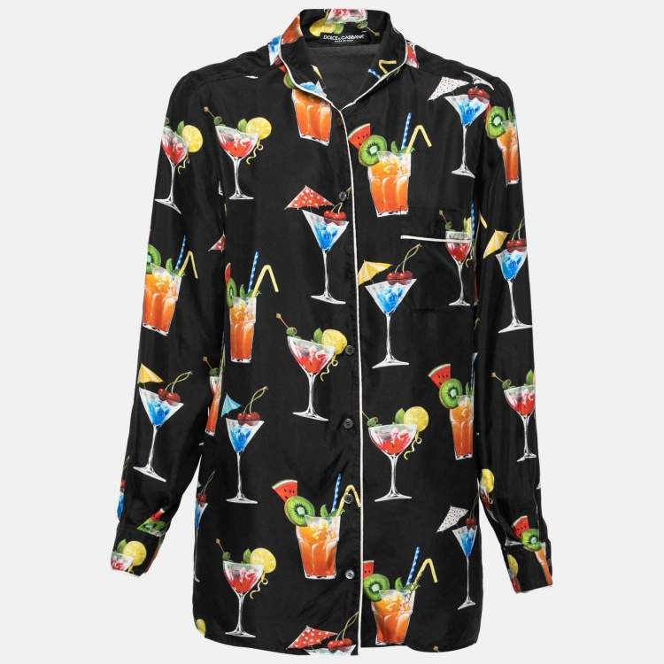 Pre Owned Dolce & Gabbana Black Silk Cocktail Print Button Front Pajama Shirt M