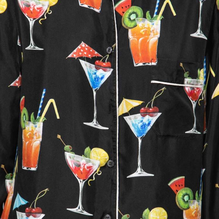 Pre Owned Dolce & Gabbana Black Silk Cocktail Print Button Front Pajama Shirt M
