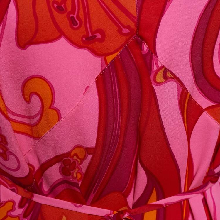 Pre Owned Dolce & Gabbana Pink Printed Silk Lace Trim Top M