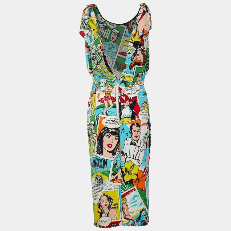 Pre Owned Dolce & Gabbana Multicolor Comic Strip Print Stretch Knit Bodycon Dress M